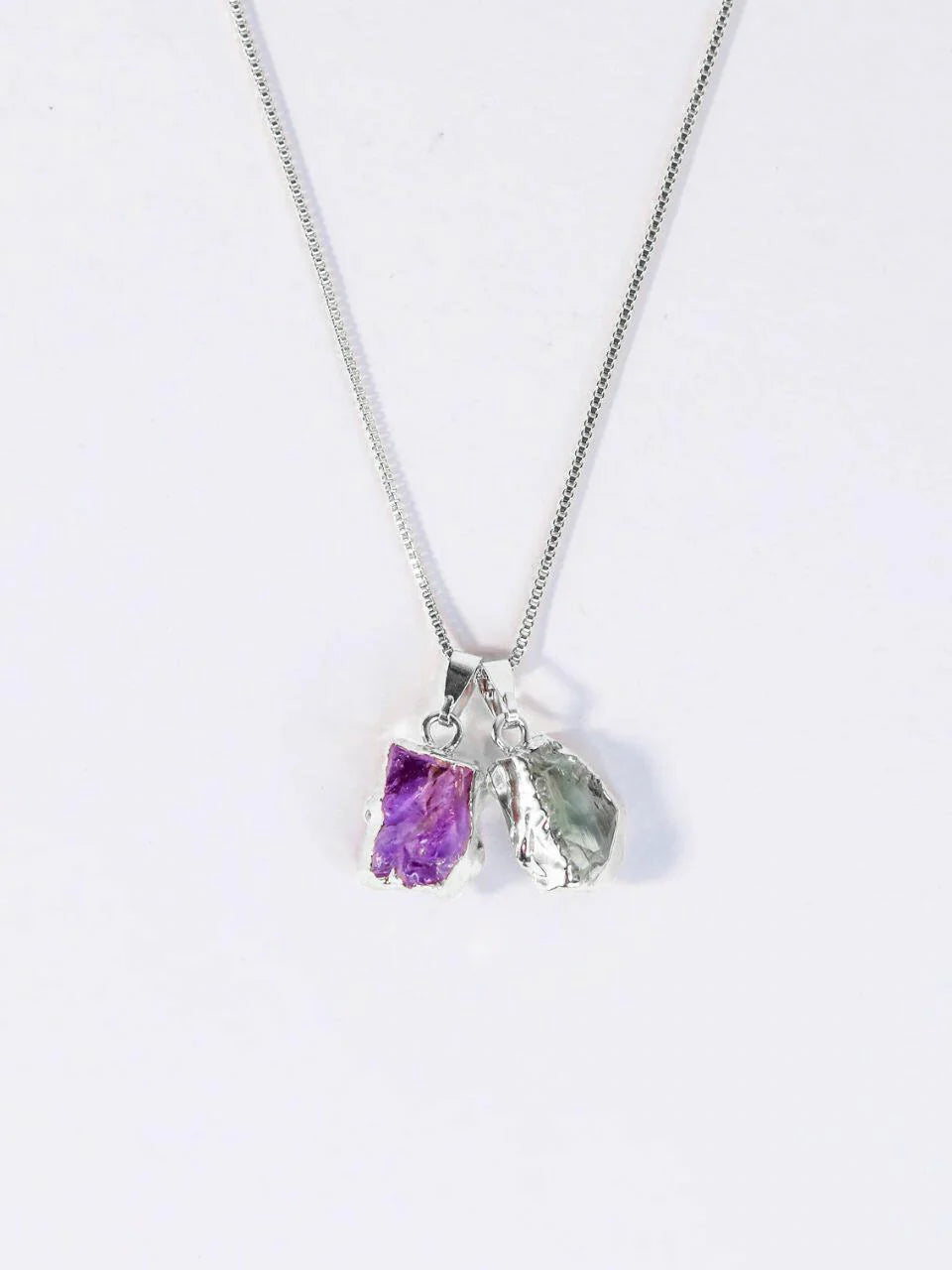 Prasiolite and Amethyst Duo Stone Necklace 925 Silver Plated
