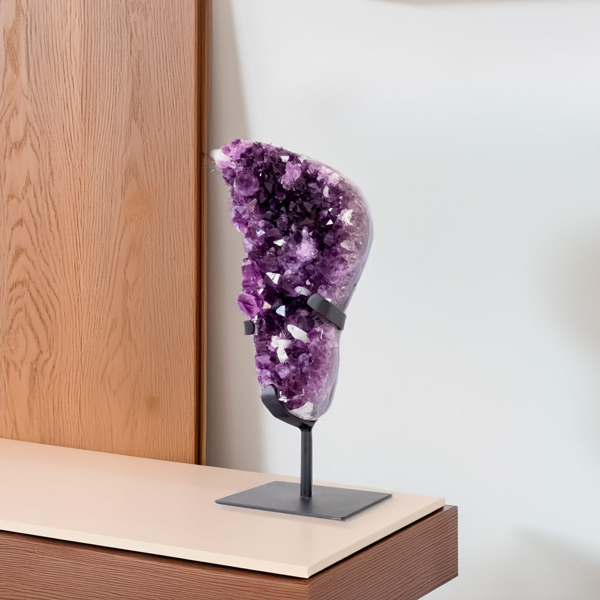 Extra Amethyst Druze with Crystallized Calcite Inclusion on Black Metal Base 2.770 kg