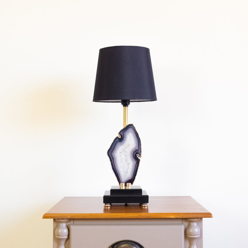 Natural Agate Slice Lamp Gold Plated on Black Wood Base