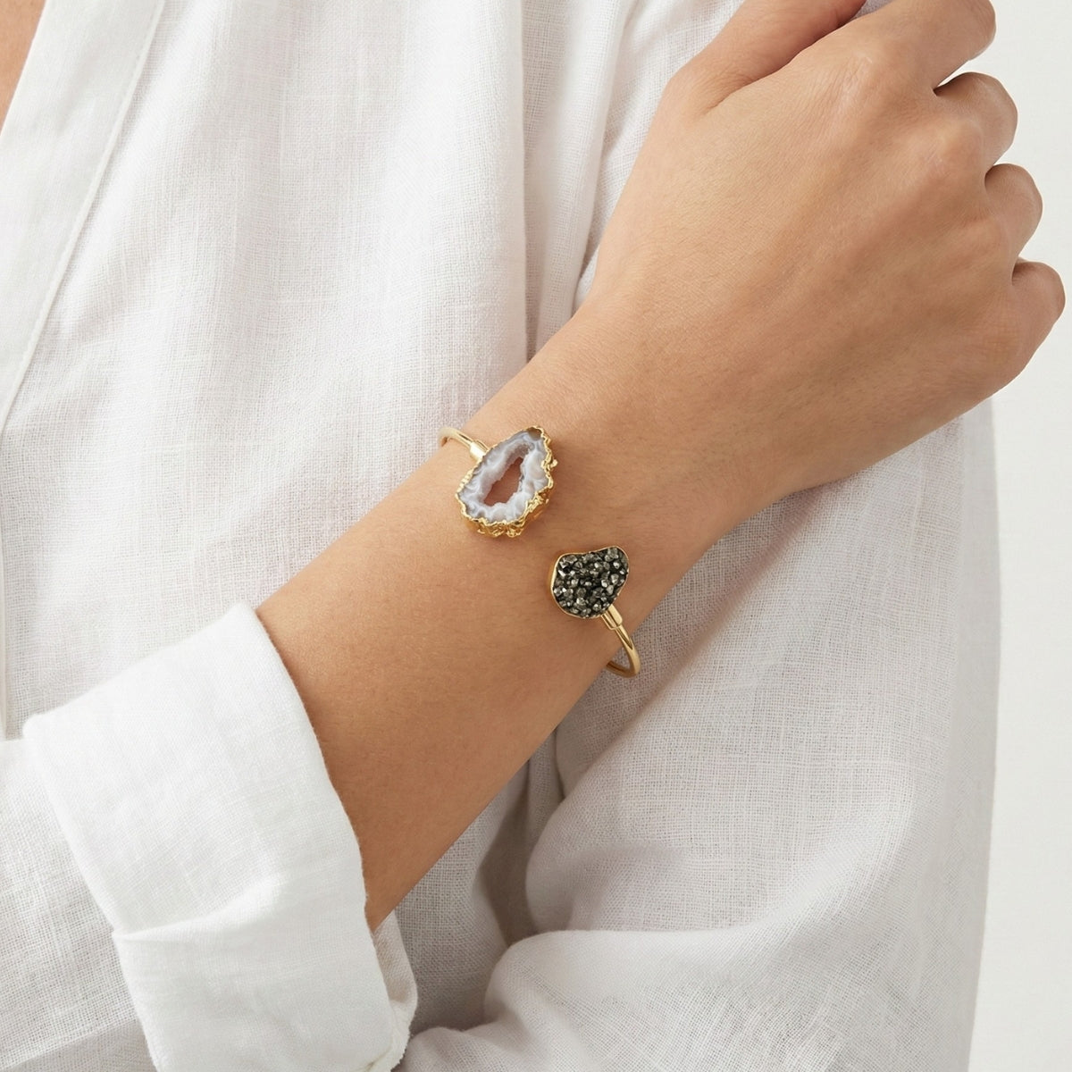 Pyrite Bracelet with Natural Agate Geode Gold Plated