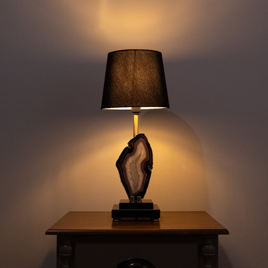 Natural Agate Slice Lamp Gold Plated on Black Wood Base