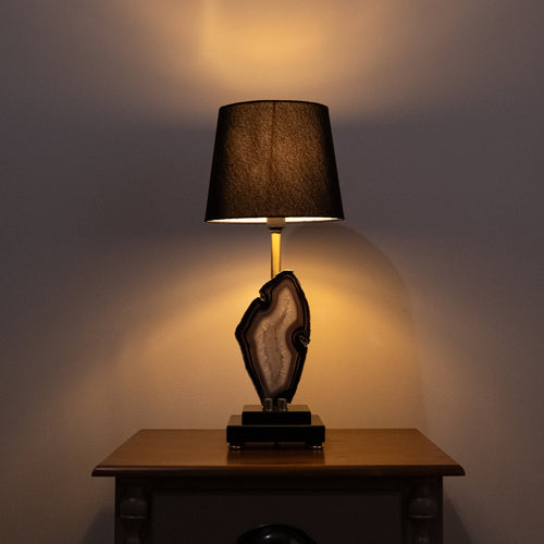 Natural Agate Slice Lamp Gold Plated on Black Wood Base