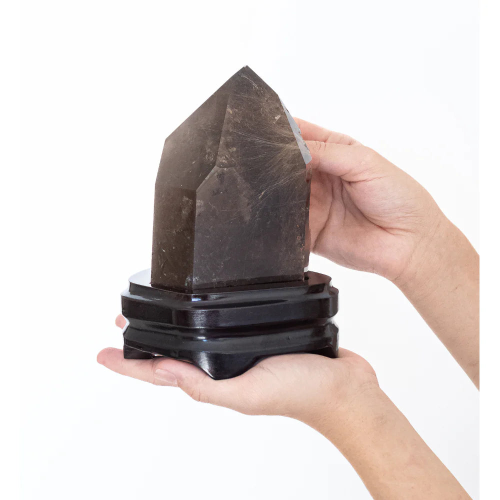 Extra Crystallized Smoky Quartz with Golden Rutile Inclusion on Dark Wood Base 1.566kg