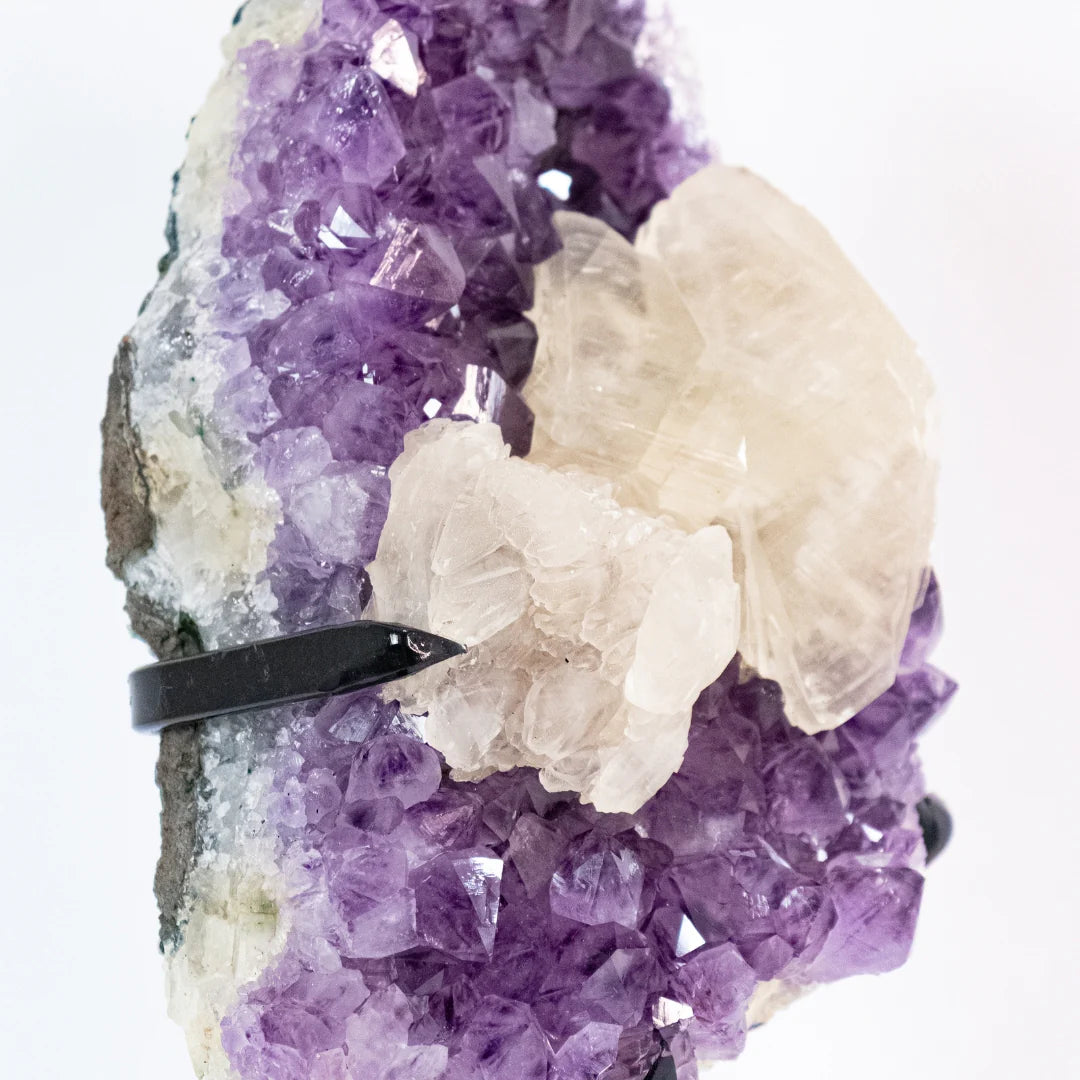 Amethyst Druze with Crystallized Calcite Inclusion on Black Metal Base – 6.480kg