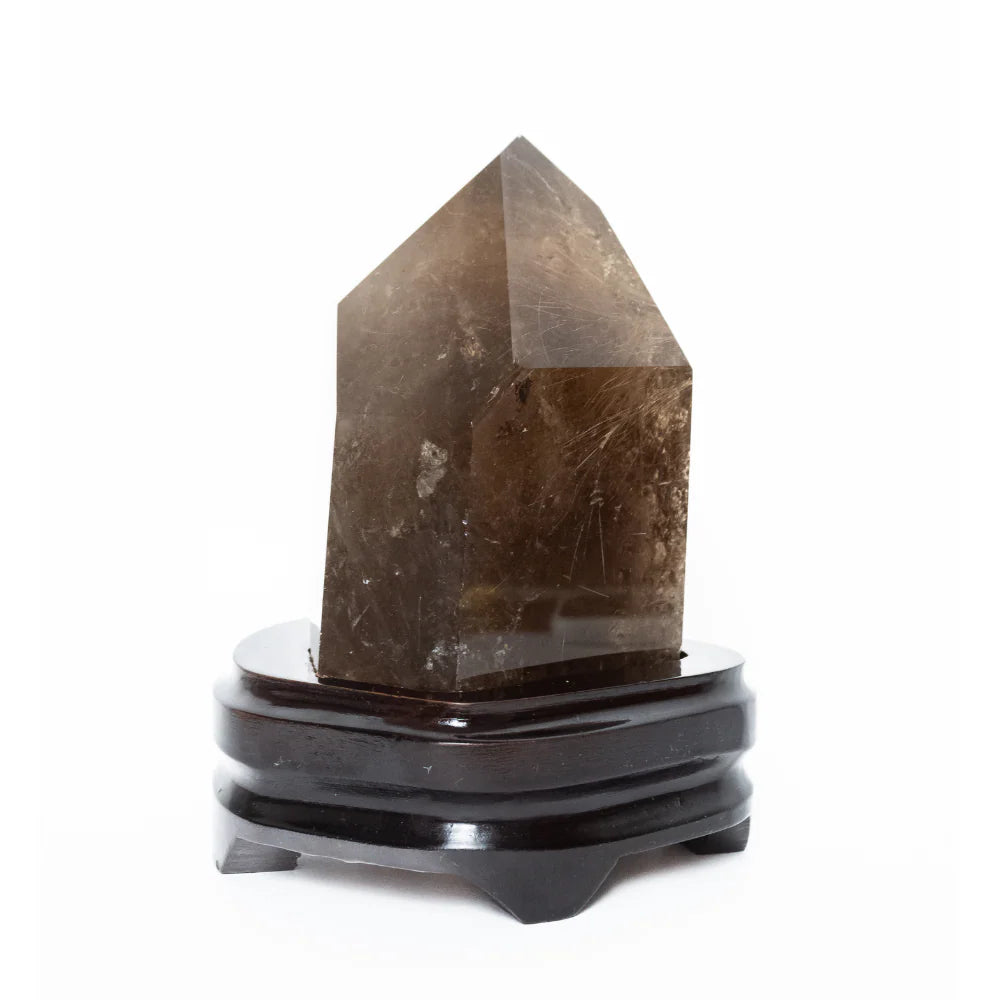 Extra Crystallized Smoky Quartz with Golden Rutile Inclusion on Dark Wood Base 1.566kg