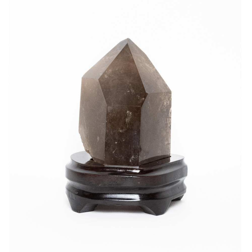 Extra Crystallized Smoky Quartz with Golden Rutile Inclusion on Dark Wood Base 1.566kg