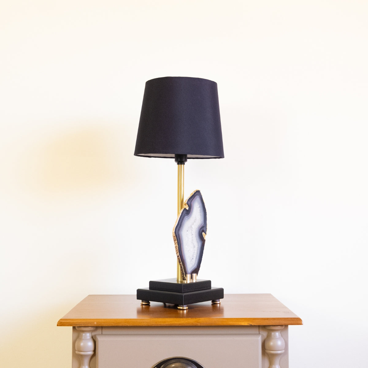 Natural Agate Slice Lamp Gold Plated on Black Wood Base