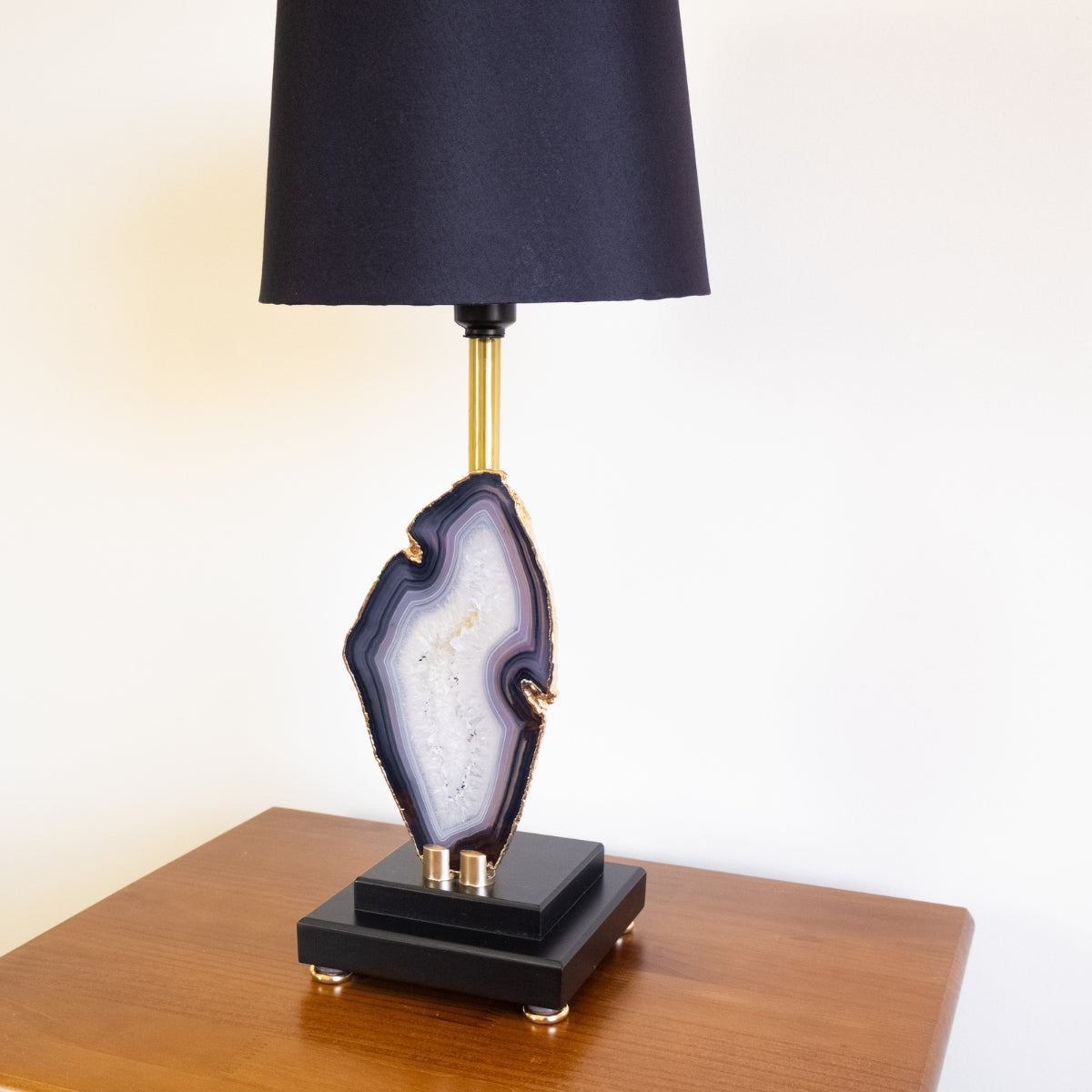 Natural Agate Slice Lamp Gold Plated on Black Wood Base