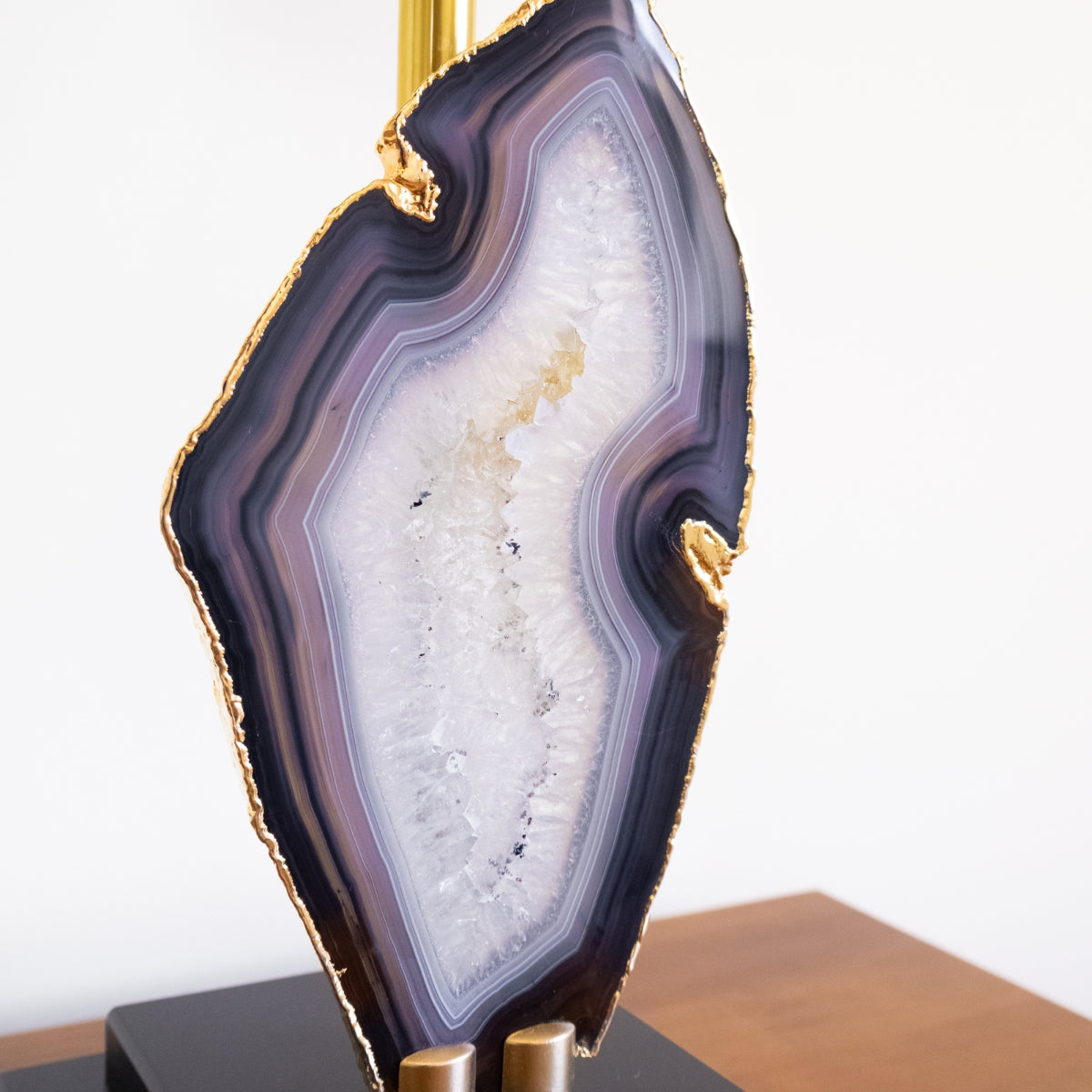 Natural Agate Slice Lamp Gold Plated on Black Wood Base