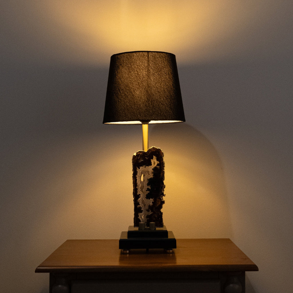 Natural Agate Slice Lamp Gold Plated on Black Wood Base