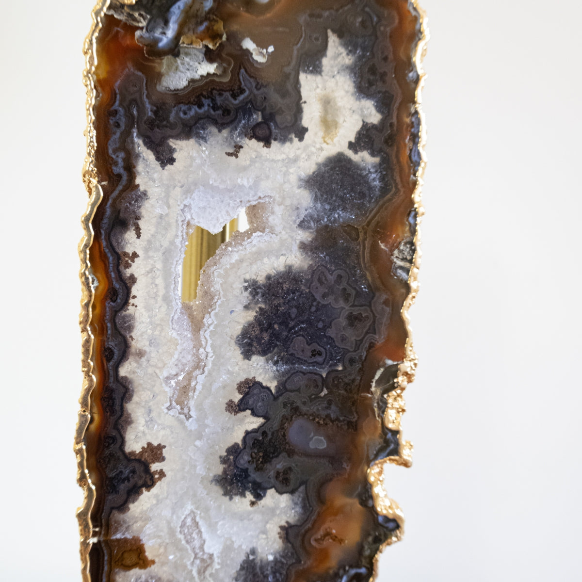 Natural Agate Slice Lamp Gold Plated on Black Wood Base
