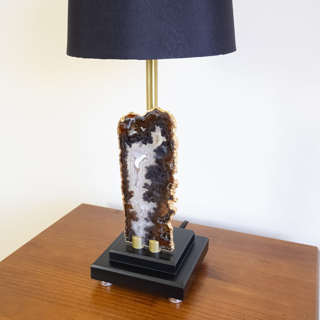 Natural Agate Slice Lamp Gold Plated on Black Wood Base