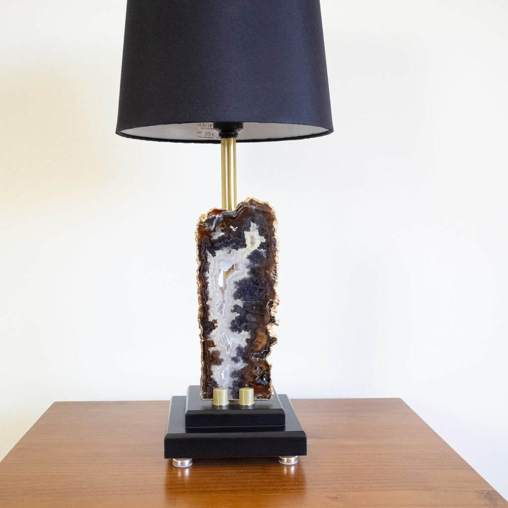 Natural Agate Slice Lamp Gold Plated on Black Wood Base