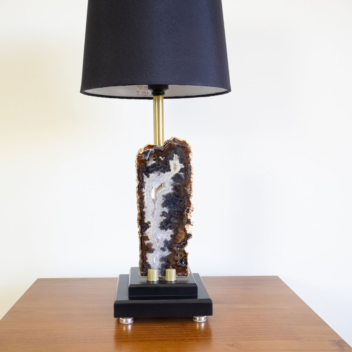 Natural Agate Slice Lamp Gold Plated on Black Wood Base