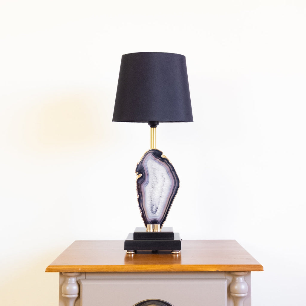 Natural Agate Slice Lamp Gold Plated on Black Wood Base