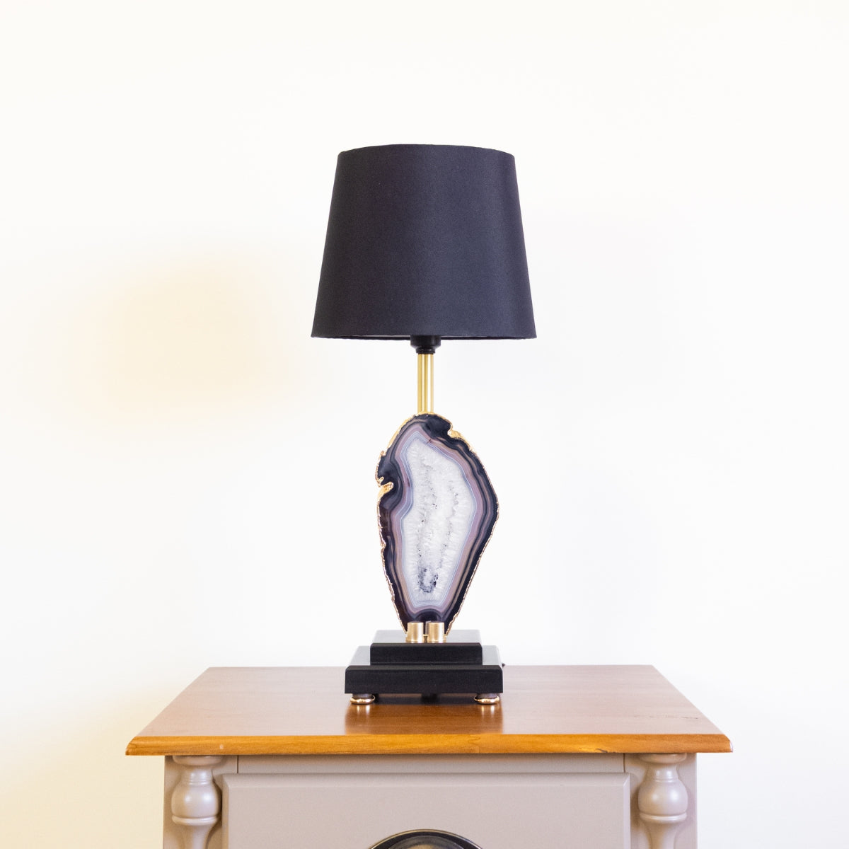 Natural Agate Slice Lamp Gold Plated on Black Wood Base