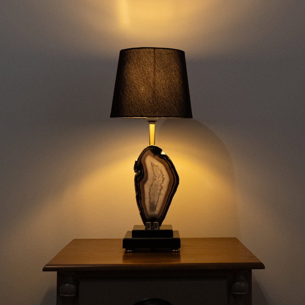 Natural Agate Slice Lamp Gold Plated on Black Wood Base