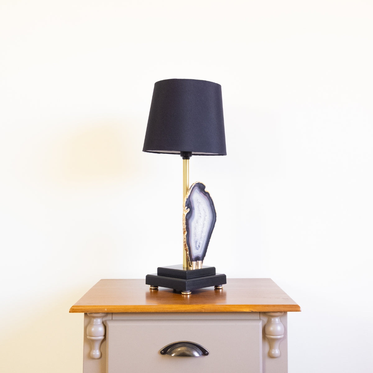 Natural Agate Slice Lamp Gold Plated on Black Wood Base