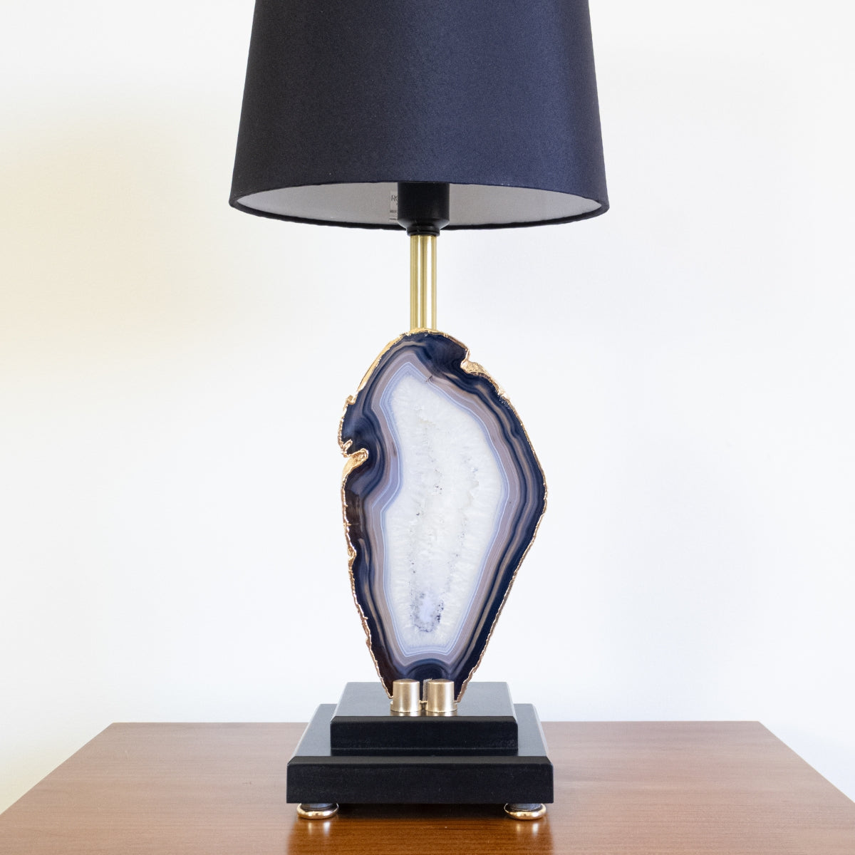 Natural Agate Slice Lamp Gold Plated on Black Wood Base