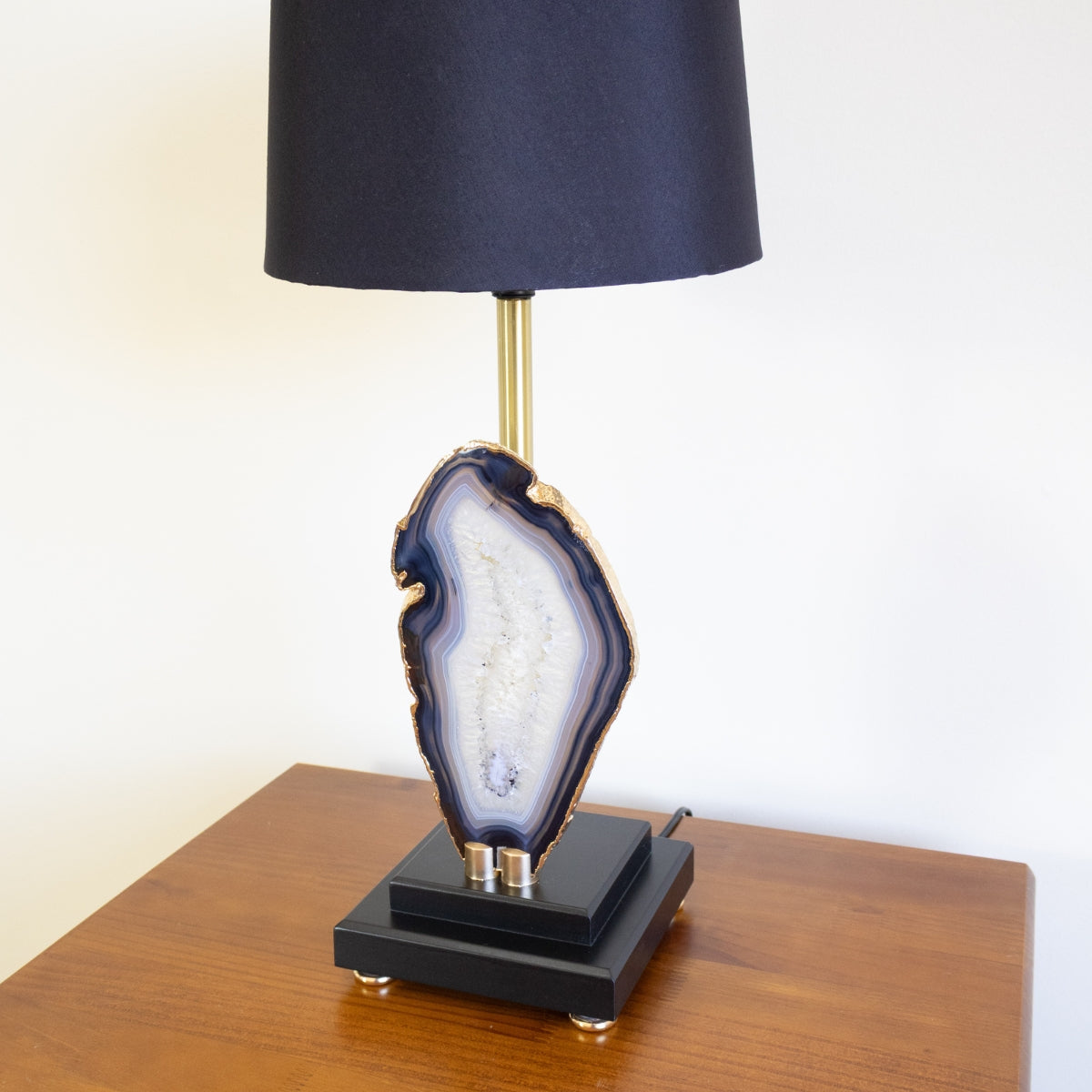 Natural Agate Slice Lamp Gold Plated on Black Wood Base