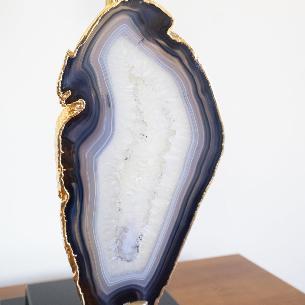 Natural Agate Slice Lamp Gold Plated on Black Wood Base