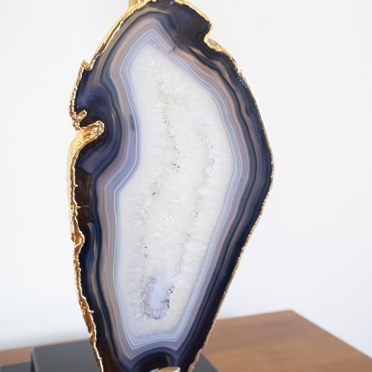 Natural Agate Slice Lamp Gold Plated on Black Wood Base
