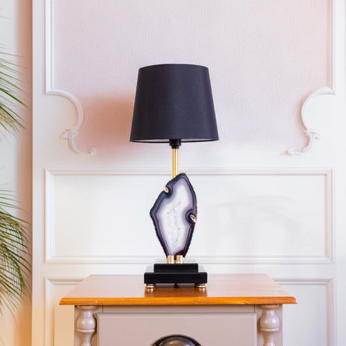 Natural Agate Slice Lamp Gold Plated on Black Wood Base