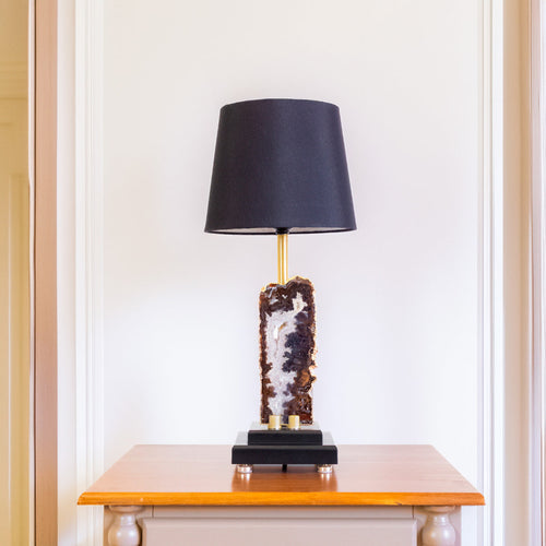 Natural Agate Slice Lamp Gold Plated on Black Wood Base