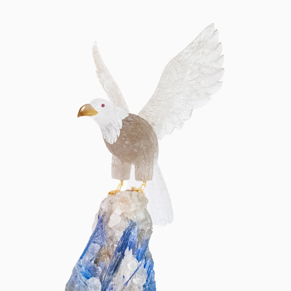 Eagle Carved in Hyaline Quartz Crystal and Crystallized Smoky Quartz on Blue Kyanite