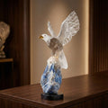 Eagle Carved in Hyaline Crystal Quartz and Crystallized Smoky Quartz on Blue Kyanite