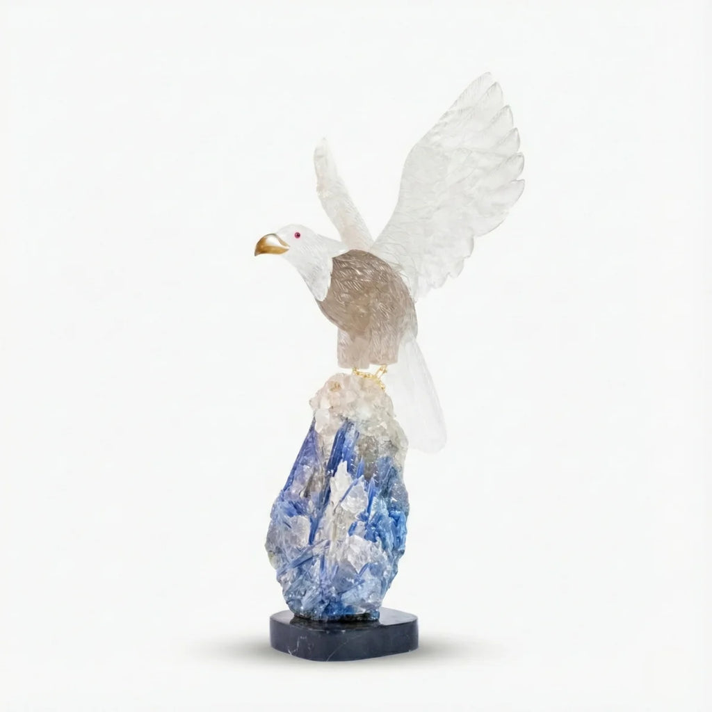 Eagle Carved in Hyaline Quartz Crystal and Crystallized Smoky Quartz on Blue Kyanite