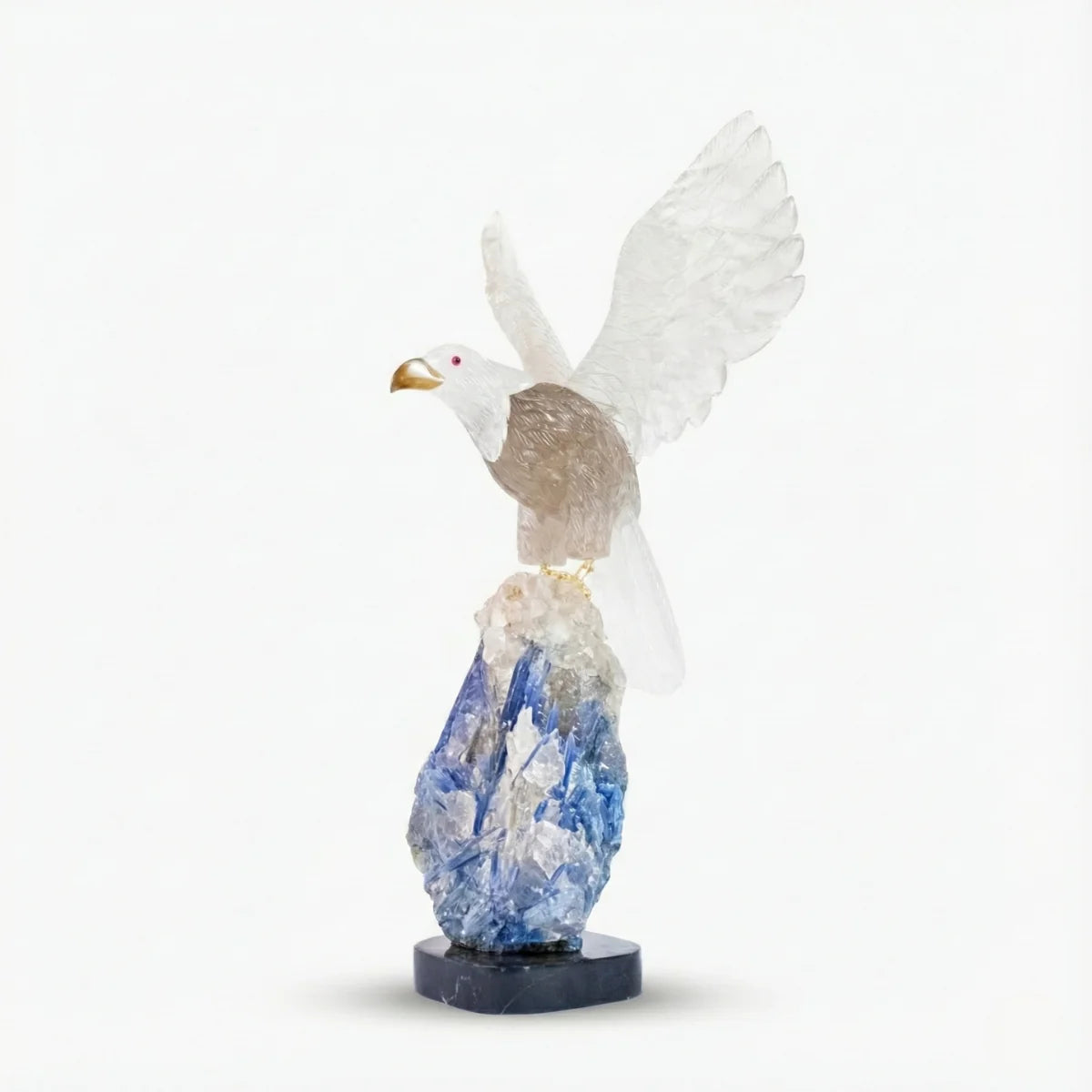 Eagle Carved in Hyaline Quartz Crystal and Crystallized Smoky Quartz on Blue Kyanite