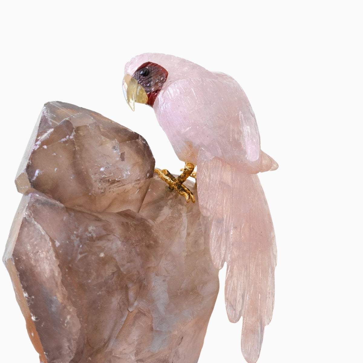 Macaw Carved in Rose Quartz on Elestial Smoky Quartz Base