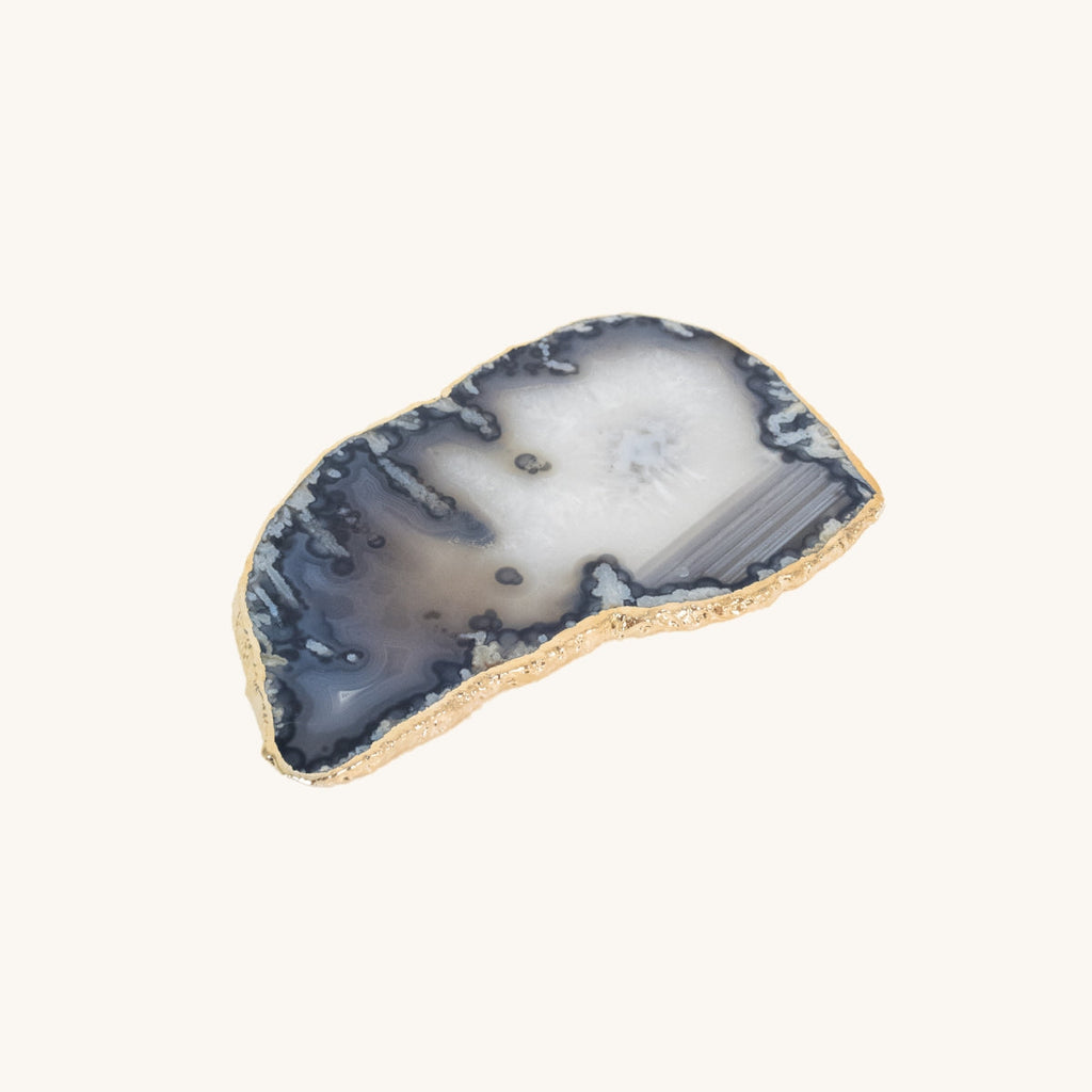 Natural Crystallized Blue and Grey Agate Tray Gold Plated