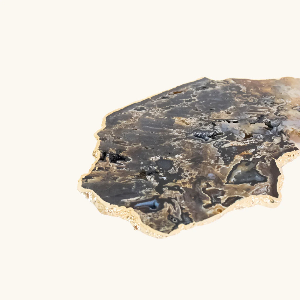 Exotic Black Agate Tray Natural Crystallization Gold Plated with Feet