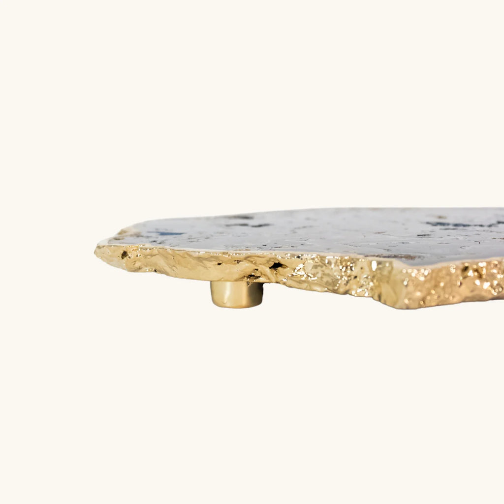 Exotic Black Agate Tray Natural Crystallization Gold Plated with Feet