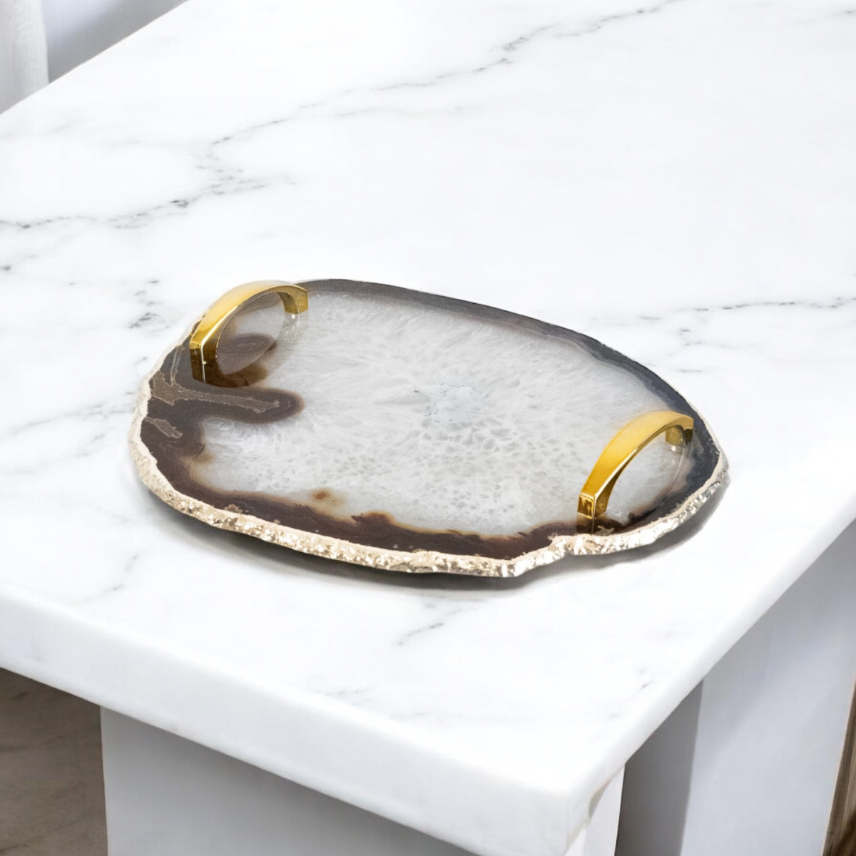Natural Agate Tray Gold Plated with Feet and Handle