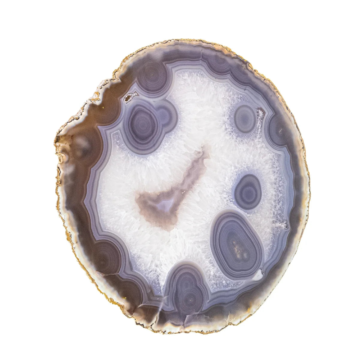 Large Natural Agate Tray Gray and Crystallized Tones 24k Gold Plated Edge - 2.745 kg