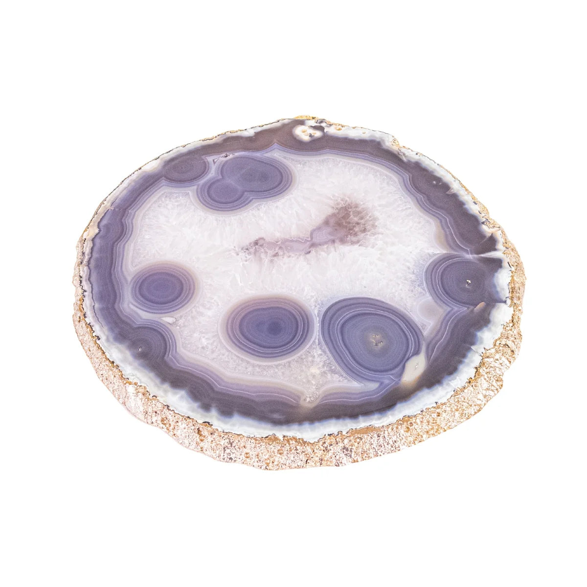 Large Natural Agate Tray Gray and Crystallized Tones 24k Gold Plated Edge - 2.745 kg