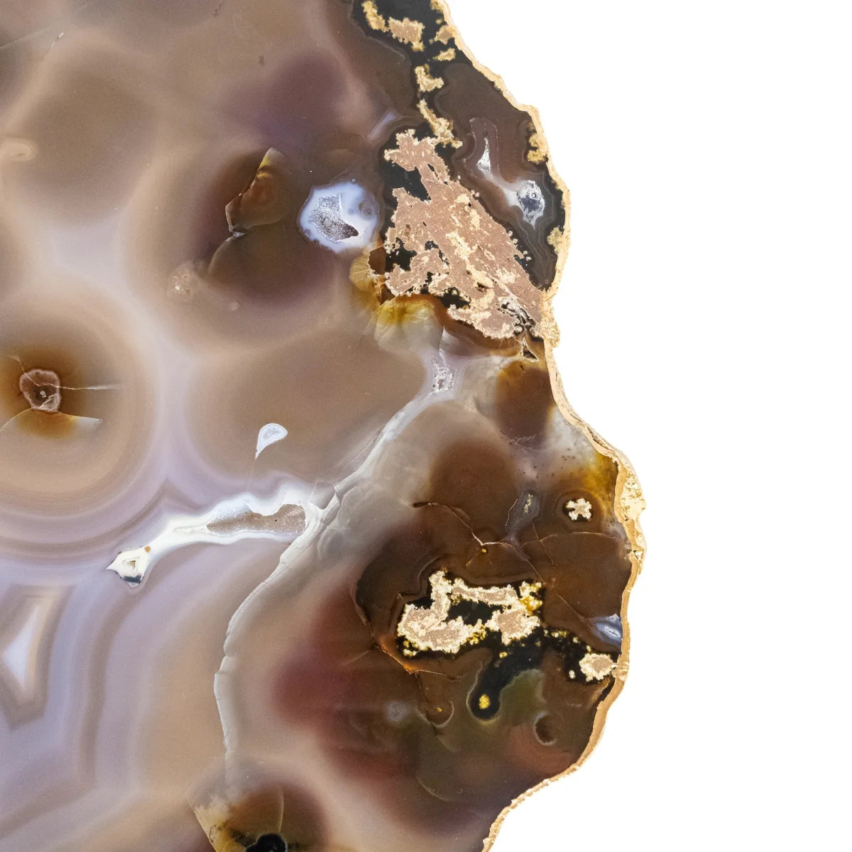 Large Natural Agate Tray Brown and Gray Tones 24k Gold Plated Edge - 2.540 kg