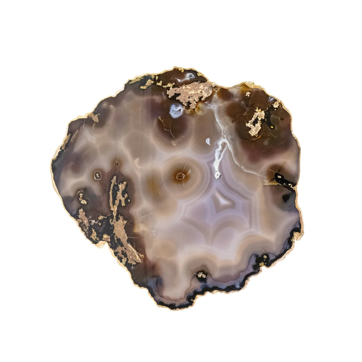 Large Natural Agate Tray Brown and Gray Tones 24k Gold Plated Edge - 2.540 kg