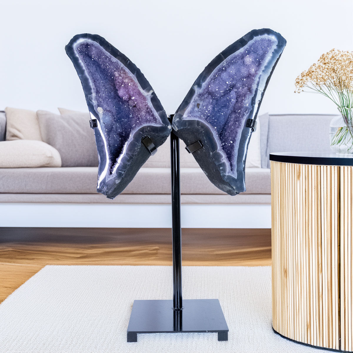 Semi-Polished Natural Agate Geode on Black Metal Base 344 grams