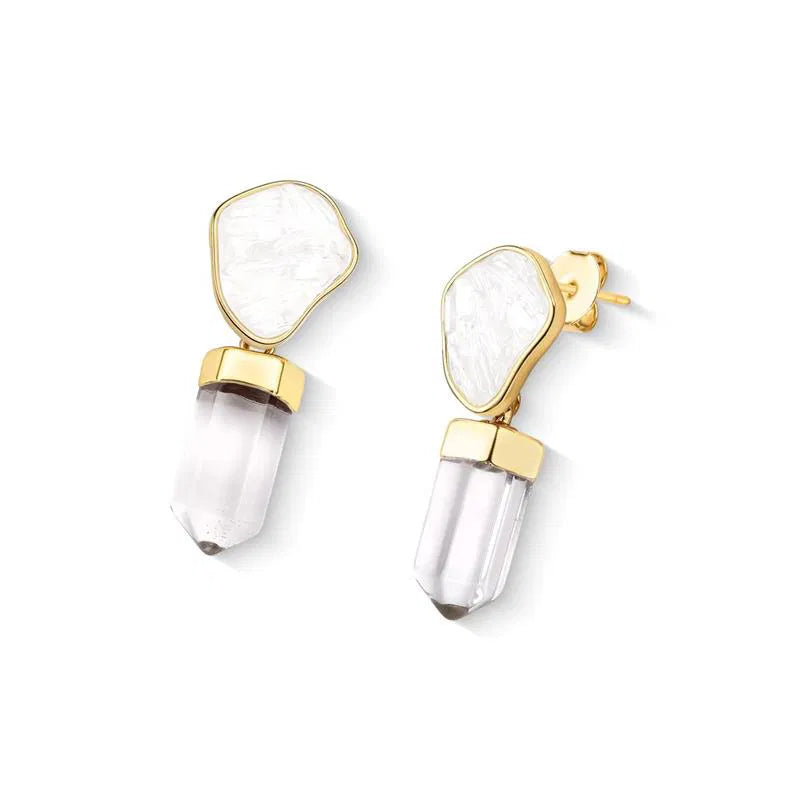 Black Tourmaline and Crystal Point Earrings Gold Plated