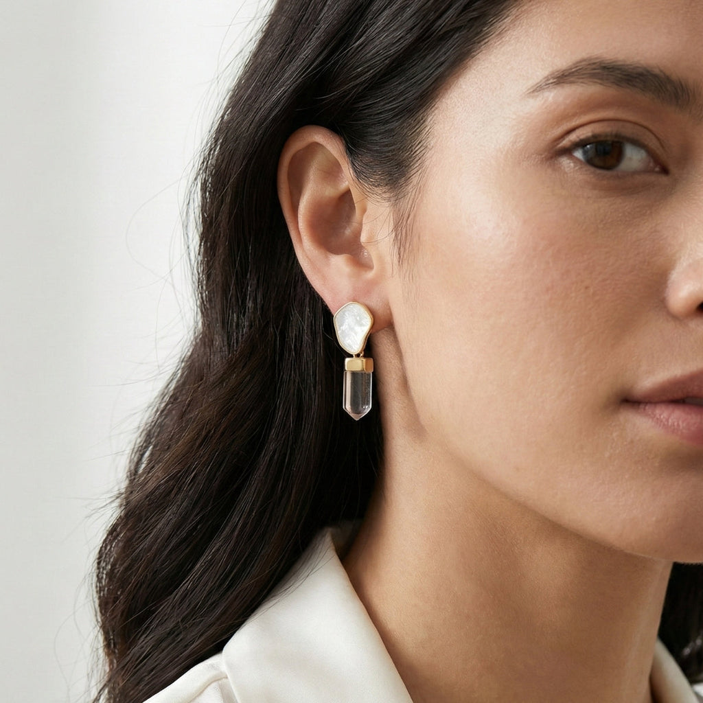 White Selenite and Crystal Point Earrings Gold Plated