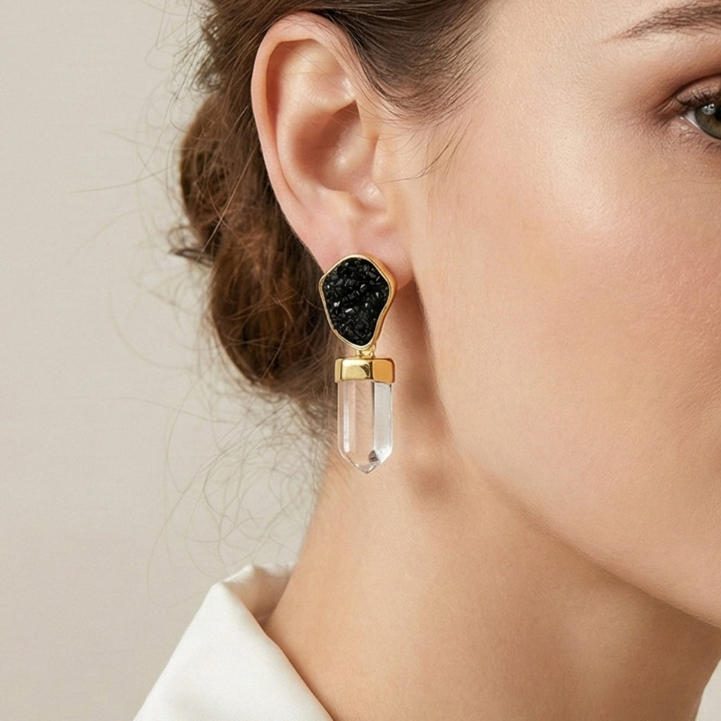 Black Tourmaline and Crystal Point Earrings Gold Plated