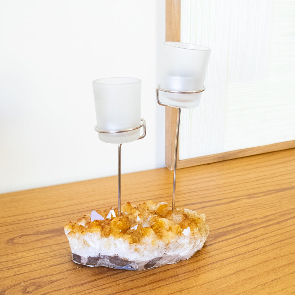 Double Candle Holder with Citrine Druzy and White Frosted Glass Support 1.372 kg