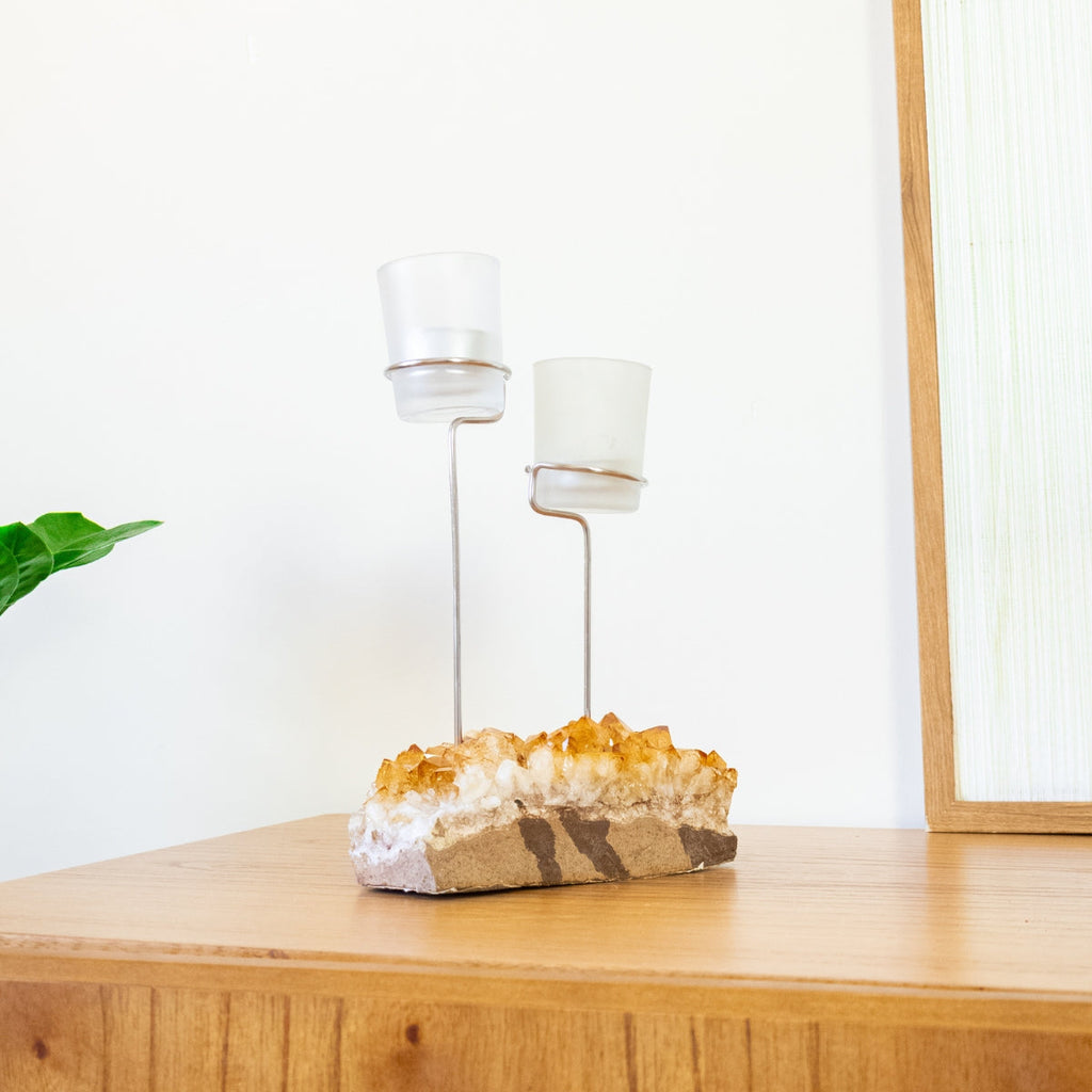 Double Candle Holder with Citrine Druzy and White Frosted Glass Support 1.372 kg