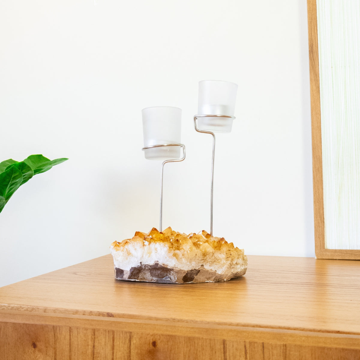 Double Candle Holder with Citrine Druzy and White Frosted Glass Support 1.372 kg