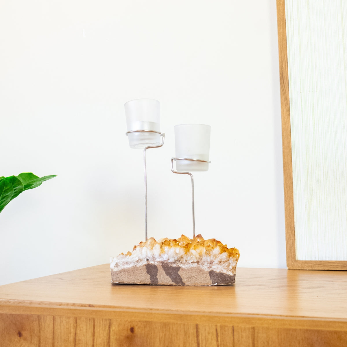 Triple Candle Holder with Citrine Druzy and White Frosted Glass Support Black Metal Base 2.709 kg