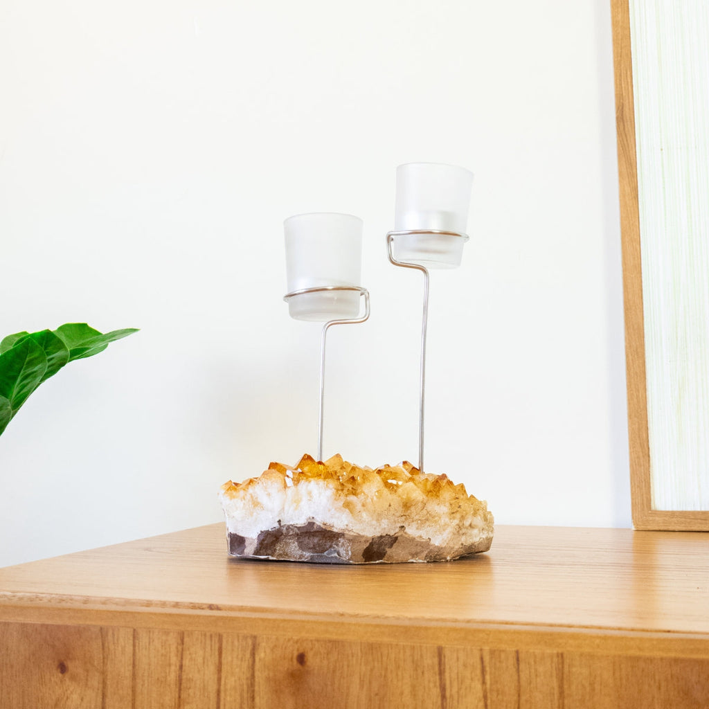 Double Candle Holder with Citrine Druzy and White Frosted Glass Support 1.372 kg